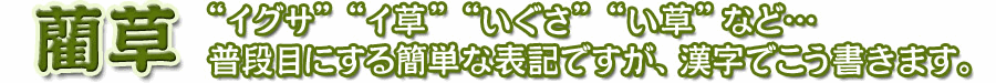 「藺草」“イグサ”“イ草”“いぐさ”“い草”など…普段目にする簡単な表記ですが、漢字でこう書きます。